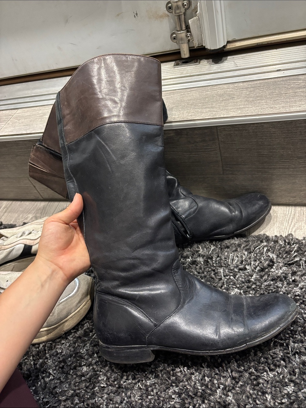 Two-Tone Over-the-Knee Leather Boots — Black with Brown Cuff